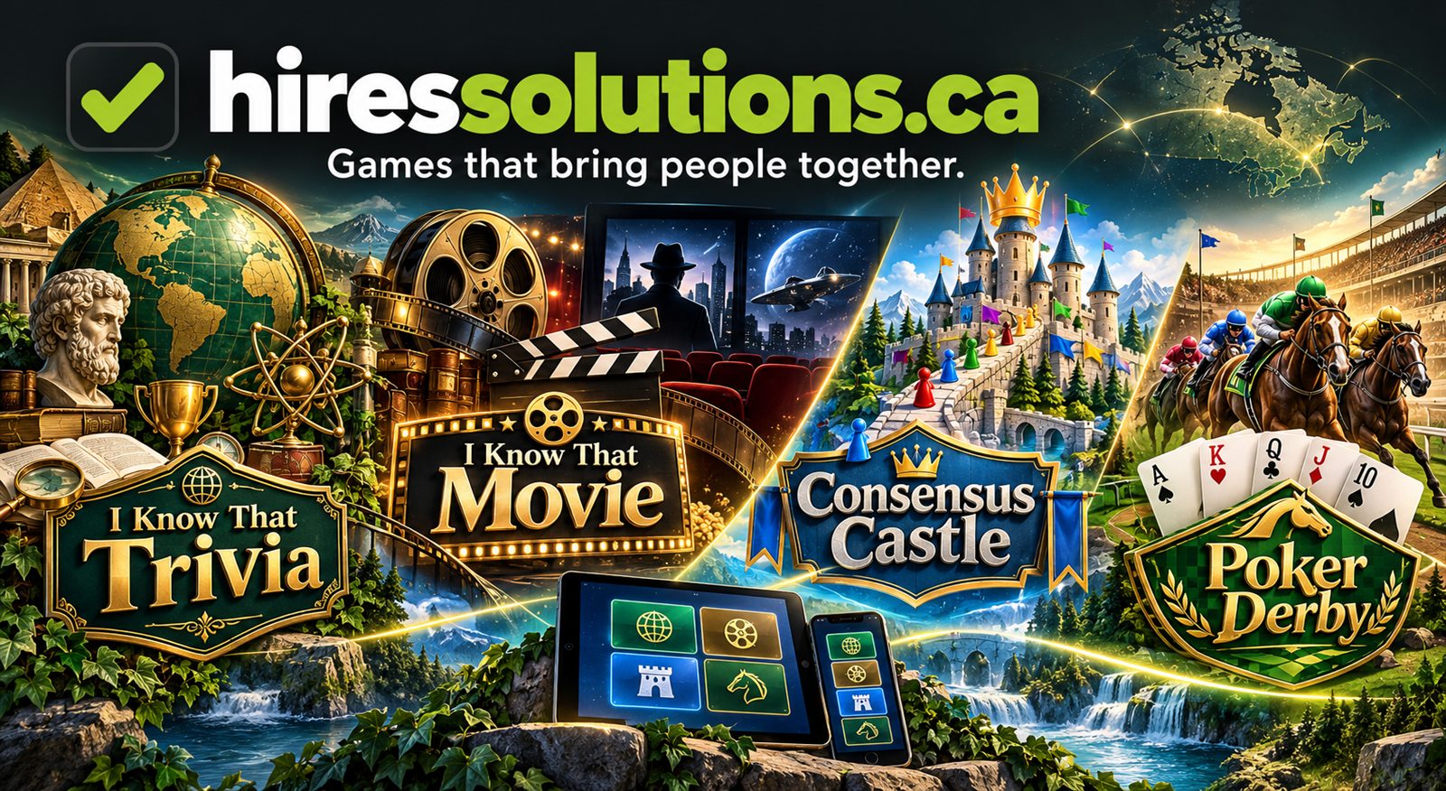 hiressolutions.ca: Games that bring people together. I Know That Trivia, I Know That Movie, Consensus Castle and Poker Derby, playable on tablets and phones.